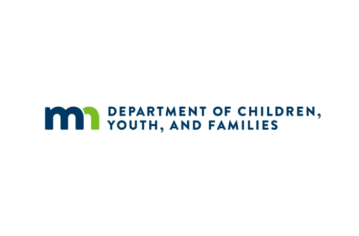 Logo for the Department of Children, Youth, and Families featuring a stylized blue and green "mn" followed by the department name in bold, uppercase navy blue letters on a white background.