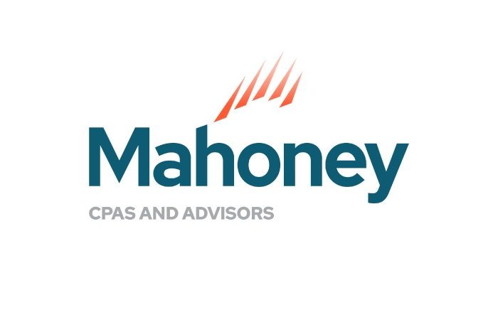 Mahoney logo with five orange diagonal lines above the "h" and "o" in "Mahoney." Below, gray text reads "CPAS AND ADVISORS" on a white background.