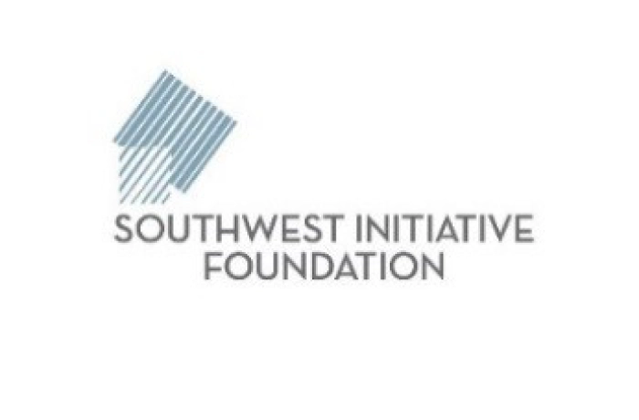 Logo of Southwest Initiative Foundation. It features diagonal blue lines forming an abstract shape above the organization's name in gray, uppercase letters on a white background.