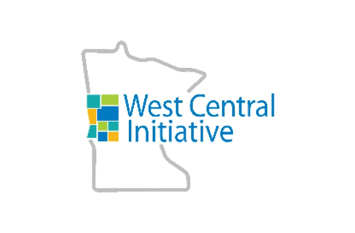 Outline of Minnesota state with colorful squares in the west-central region, next to the text "West Central Initiative" in blue font.